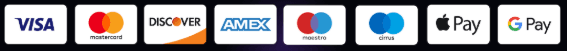 Visa, Mastercard, Discover, Amex, Maestro, Cirrus, Apple Pay, Google Pay